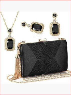 Velvet Evening Clutch Purse with Jewelry Set - 3 Piece